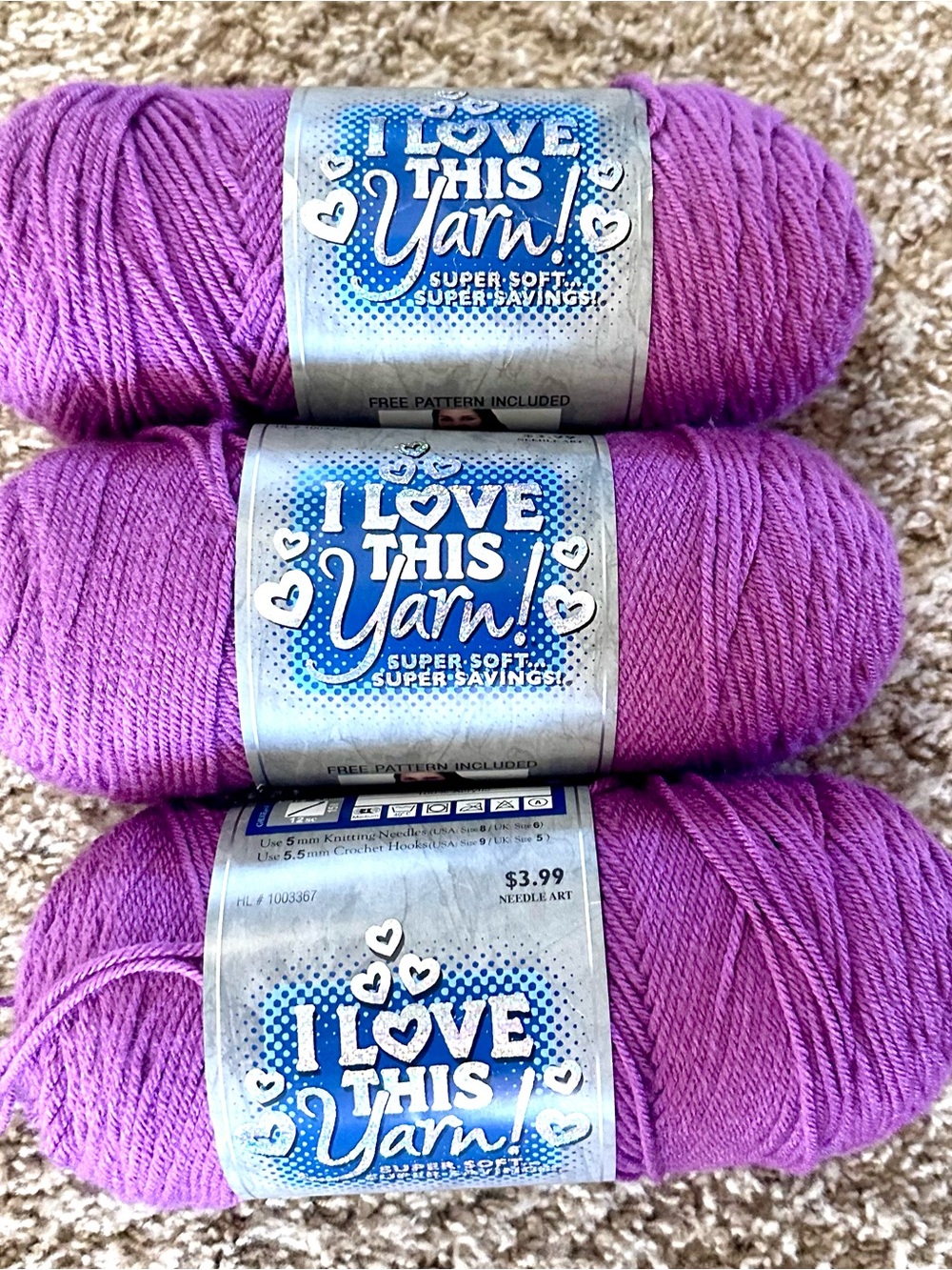 Soft Purple Acrylic Yarn - 3-Pack